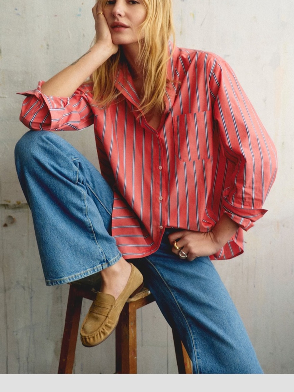 Sezane Max Coral Pink Striped Button-Down Shirt